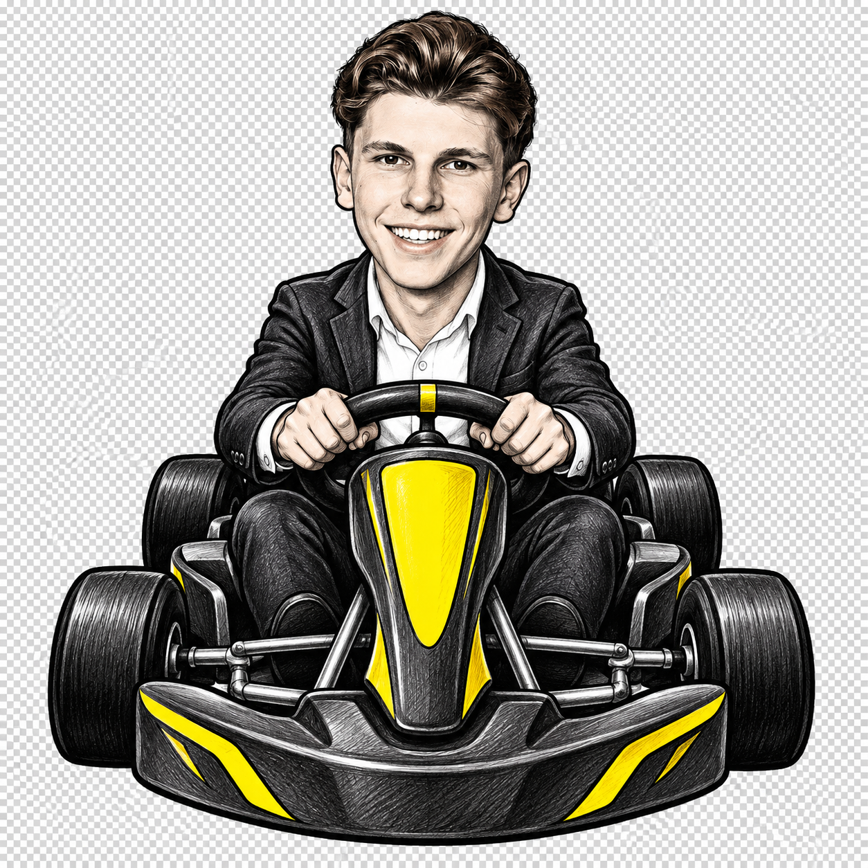Clemens als gezeichnete Spielfigur mit zurückgekämmten Haaren, Sakko und gelbem Kart